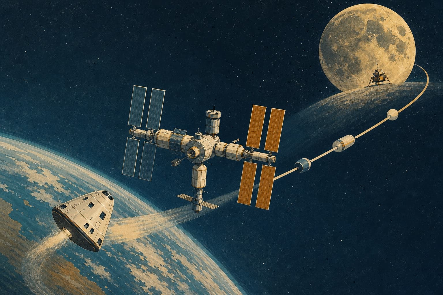 Editorial illustration connecting a crew capsule, modular orbital station and lunar lander