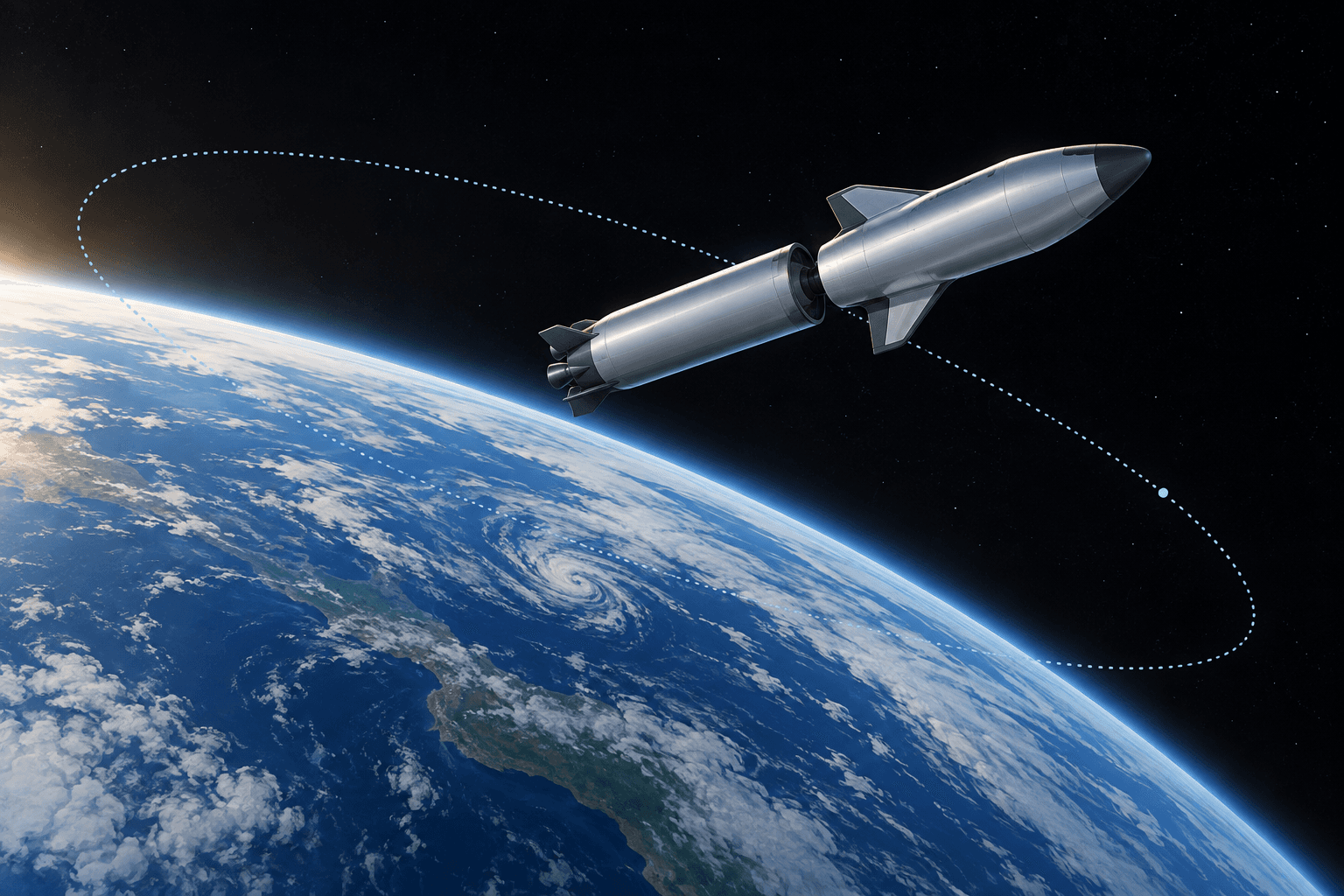 Conceptual two-stage spacecraft above Earth with a dotted orbital path
